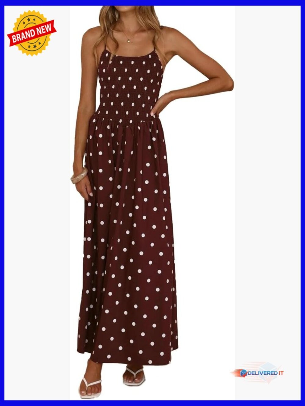 Polka Dot Maxi Dress Smocked Spaghetti Strap Flowy Sundress Summer Vacation